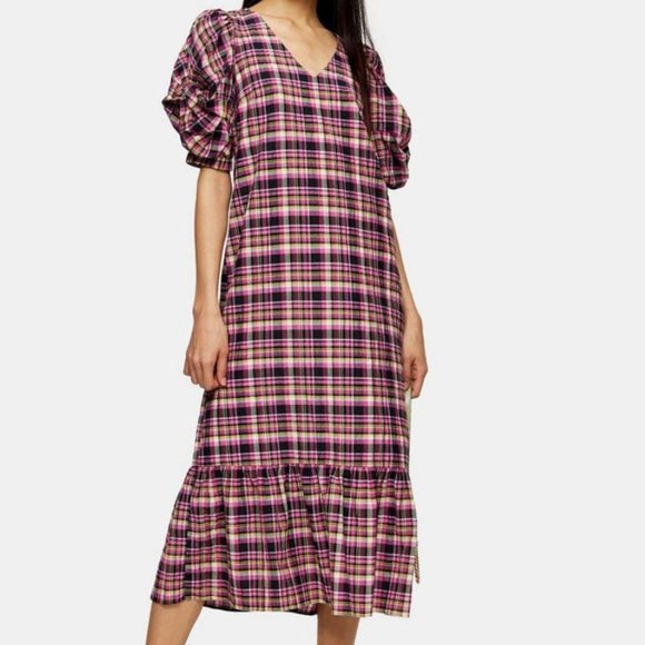 Topshop Dresses & Skirts - NWT pink check twist sleeve midi dress w/ruffles 4